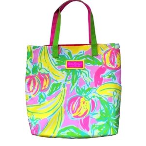 Lilly Pulitzer X Estée Lauder tropical fruit print tote bag in pink & green